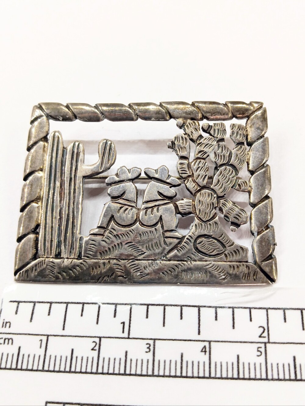 Vintage Taxco 980 Silver Brooch Siesta Men Cactus Scene Handmade - Picture 6 of 8